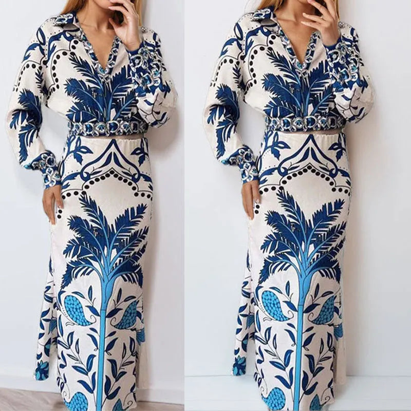 Women's casual outfit set with long sleeve top and long skirt in picture colour.