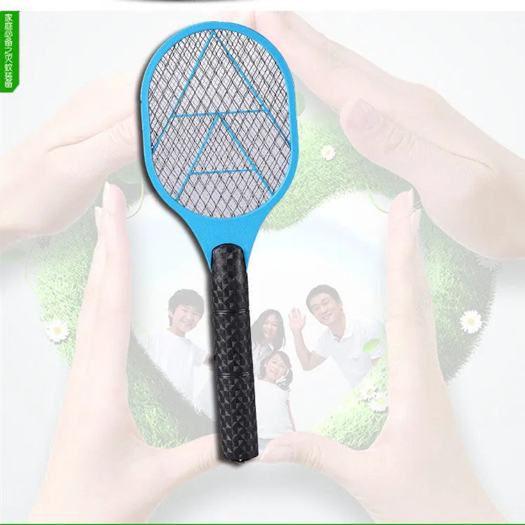 Blue handheld battery electric mosquito swatter with a 45cm long handle and a three-layer metal grid.