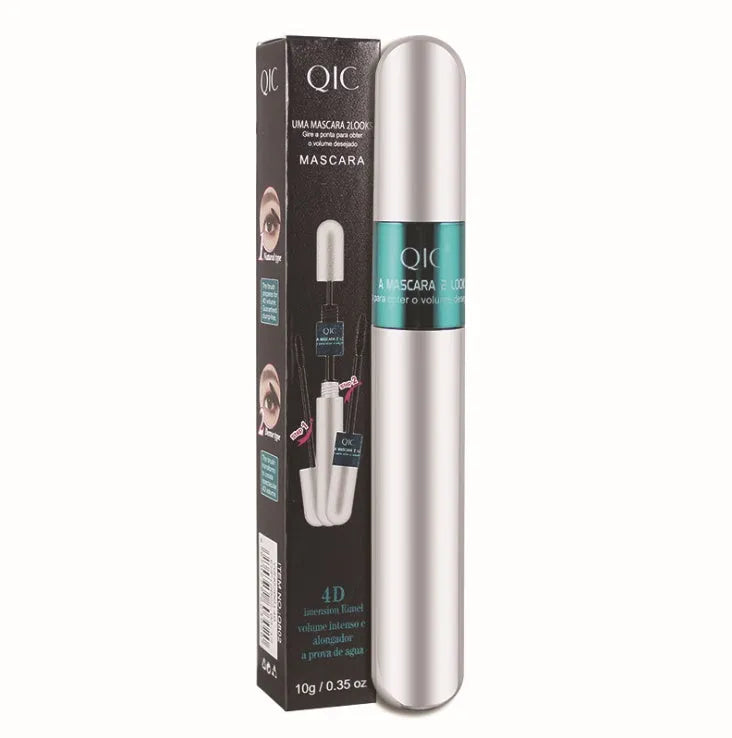 Two-in-one double mascara in silver tube with double-sided brush applicator for volume and length