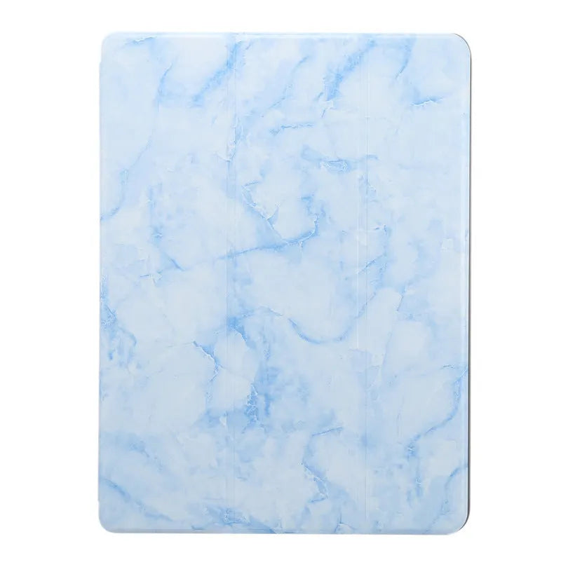 iPad leather case with 9 tri-fold marbling pattern and pen slot in dark gray, creamy-white, purple, blue, or pink