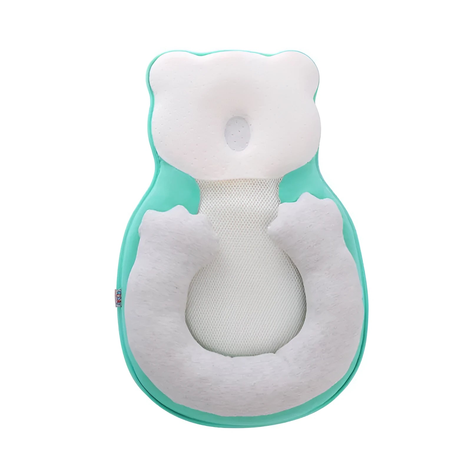 Portable baby flat sleep pillow with soft cotton surface in multiple colour options on a neutral background.
