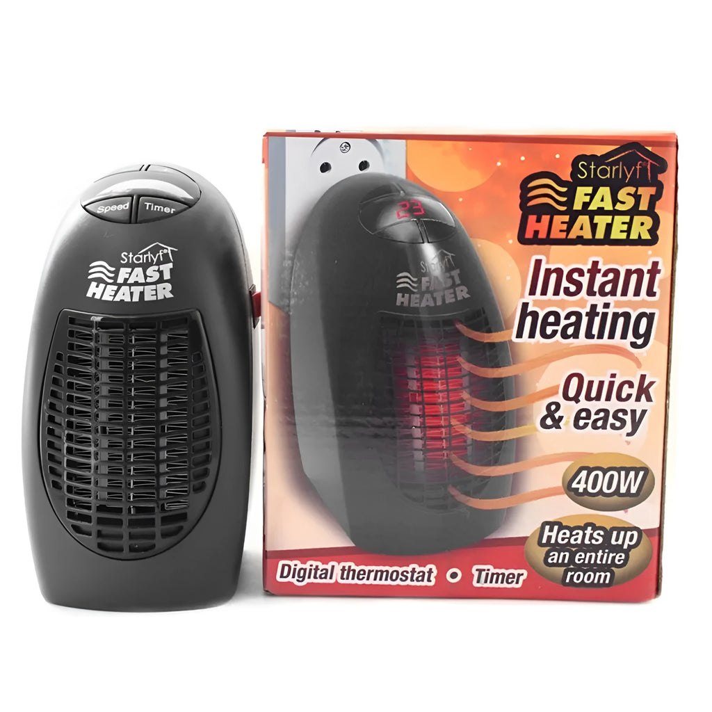 Black compact ceramic electric heater with digital display and a rotating three-pin plug.