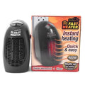Black compact ceramic electric heater with digital display and a rotating three-pin plug.