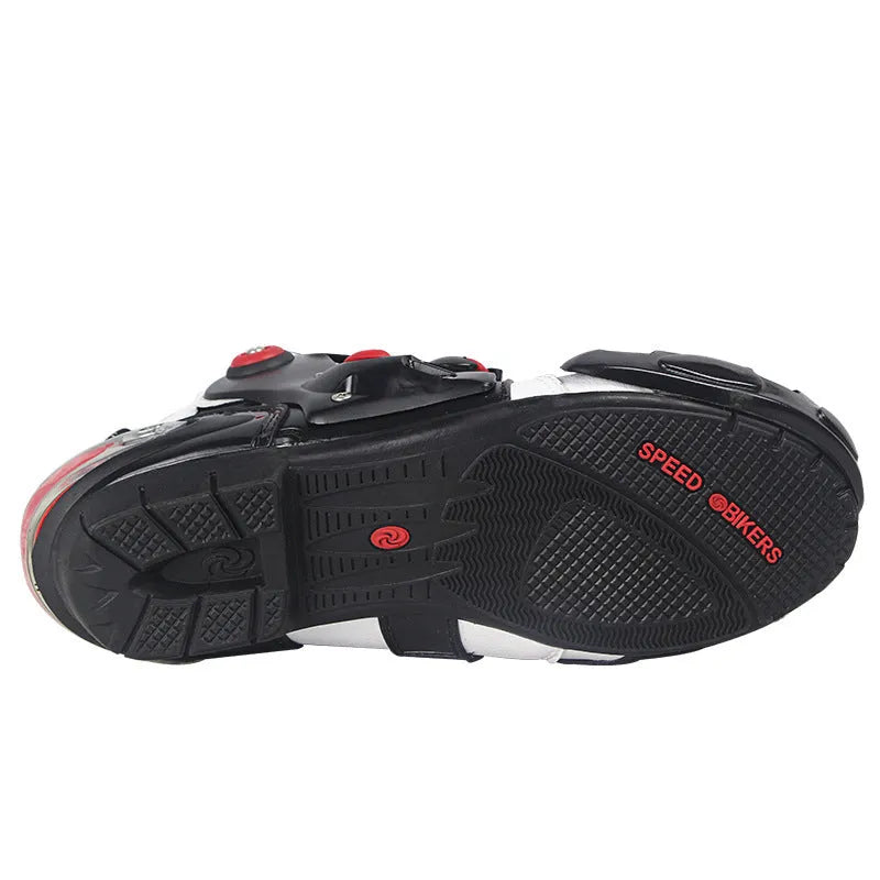 Road motorcycle riding shoes ankle boots with anti-twist design, yellow sticking block, and adjustable buckle, sizes 38-45.