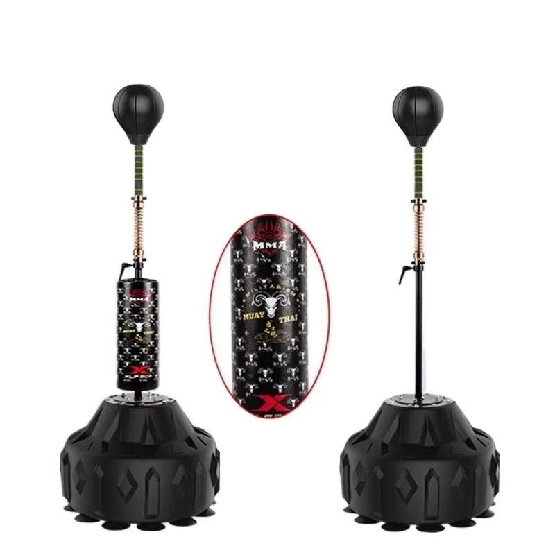 Boxing reaction ball with steel bracket and black PU leather target showing adjustable height mechanism