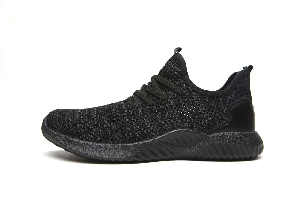 Men's low-top safety work shoes with a steel toe cap, available in black, grey, and dark green colours.
