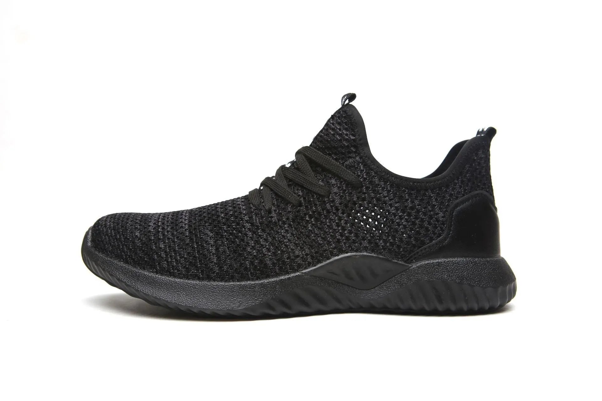 Men's low-top safety work shoes with a steel toe cap, available in black, grey, and dark green colours.
