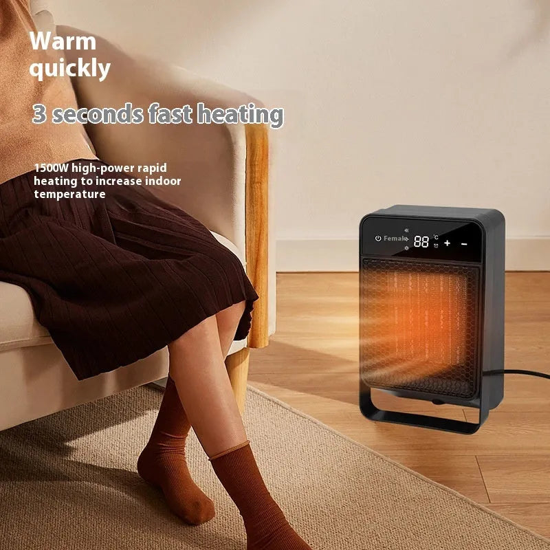 Black and white desktop electric heater with digital touch screen and remote control on a wooden desk.