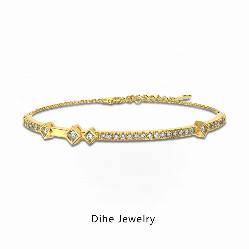 S925 sterling silver double chain bracelet for women round quadrilateral geometric white gold gold