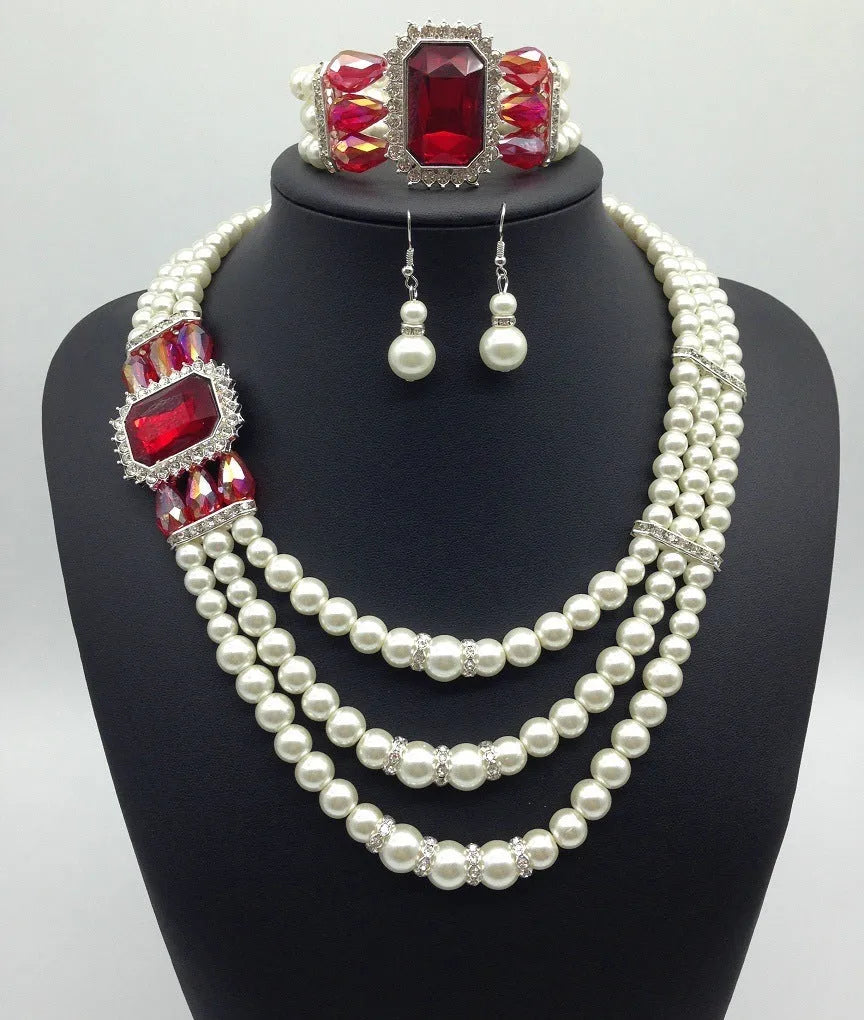 European fashion diamond pearl necklace earrings bracelet set in multiple colours for bridal wear