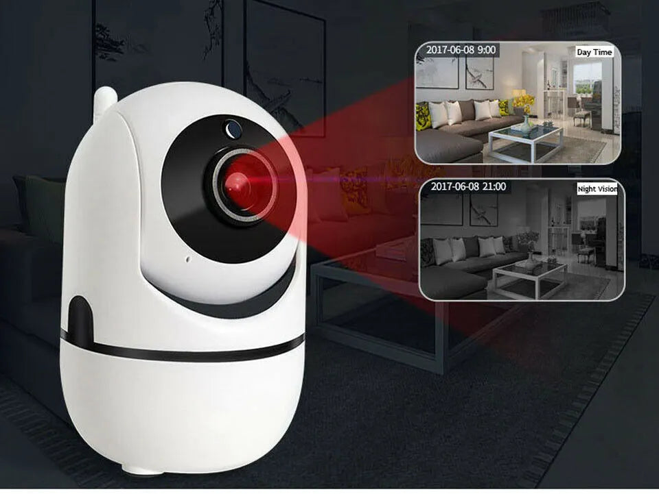 White WiFi CCTV IP camera with 1080P HD, 355° pan, 90° tilt, night vision and two-way audio, 160x69mm