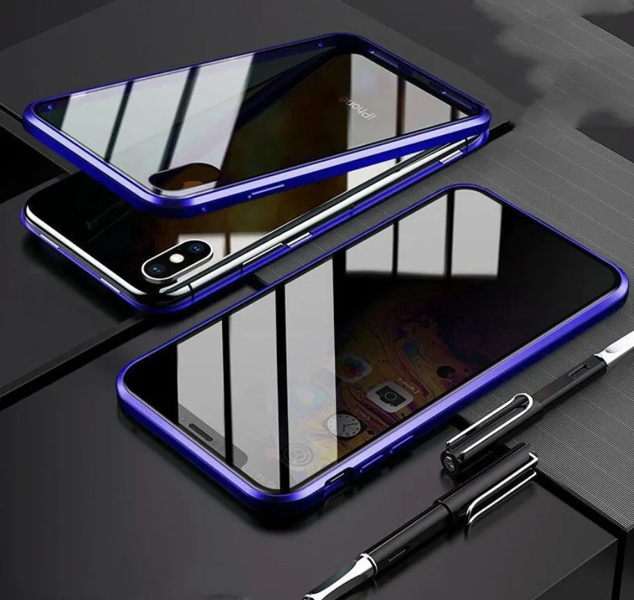 Anti-spy clamshell iPhone case in aluminium and glass, shown in black, silver, red, gold, green, and blue colour options.