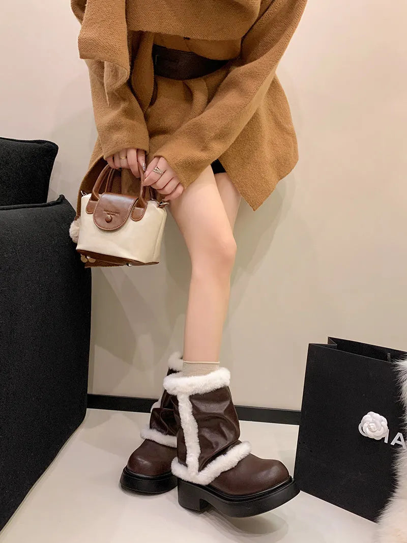 Women's winter faux fur lined short ankle booties with thick bottom and plush trim in black and brown
