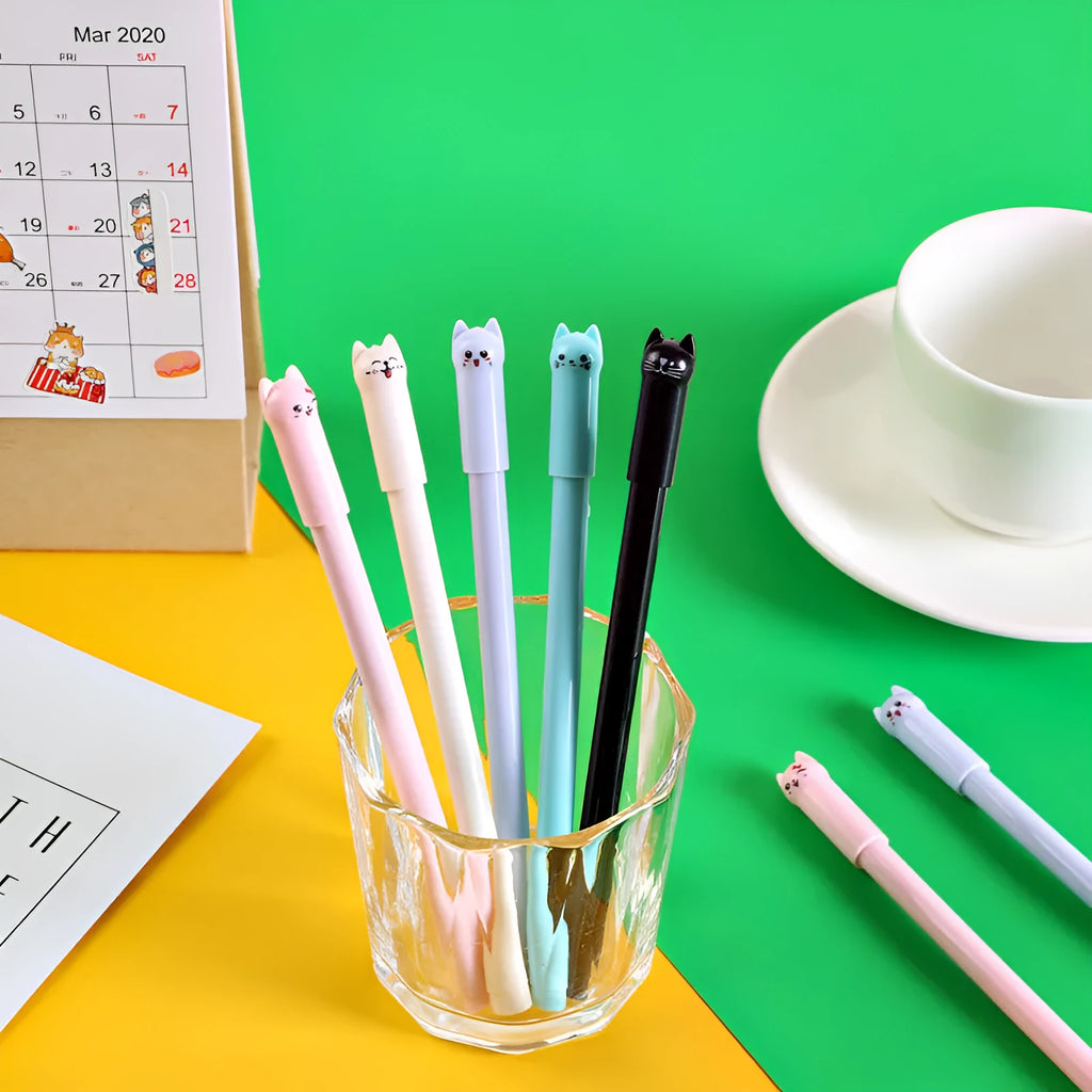 Pendulum cat charm gel pen with plastic body, shown in multiple ink colour options.