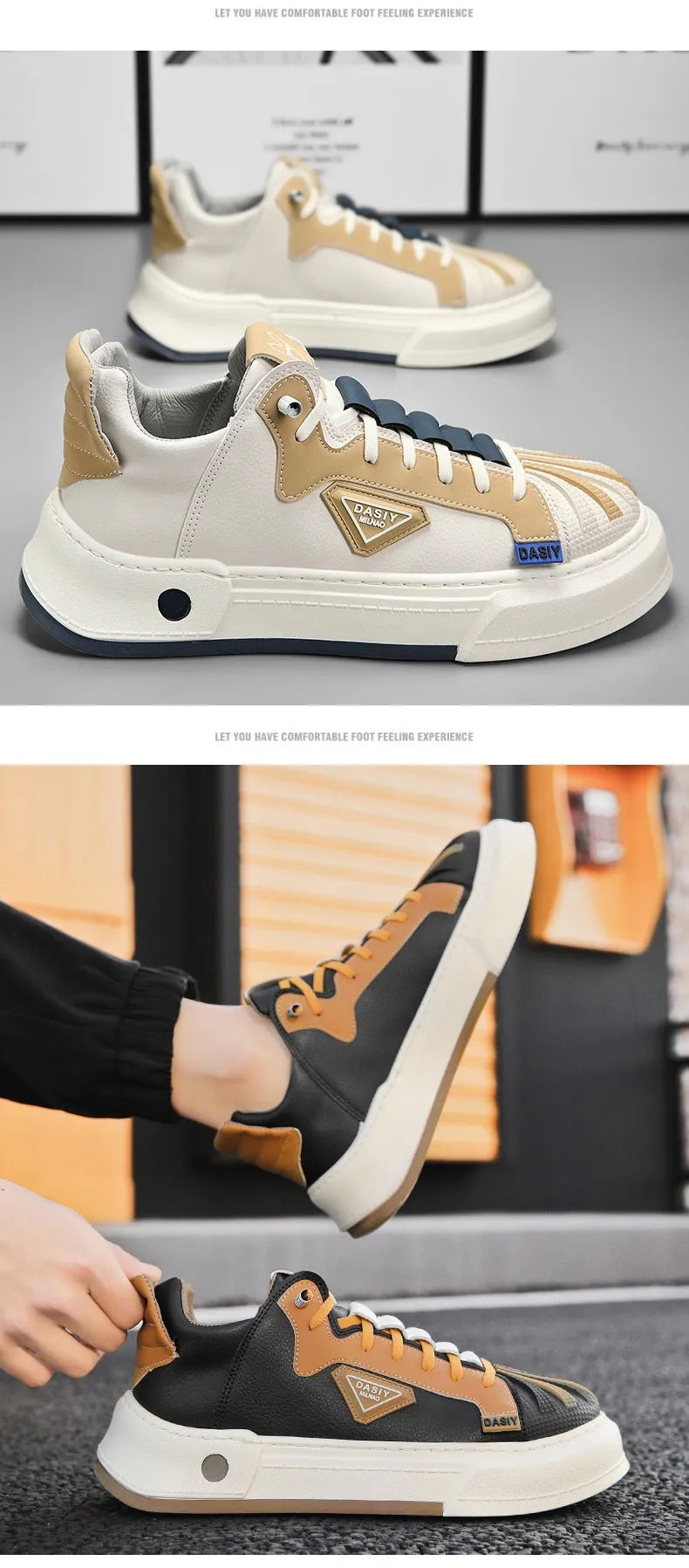 Men's beige low-top slip-on sneakers with elastic band and round toe on a plain background.