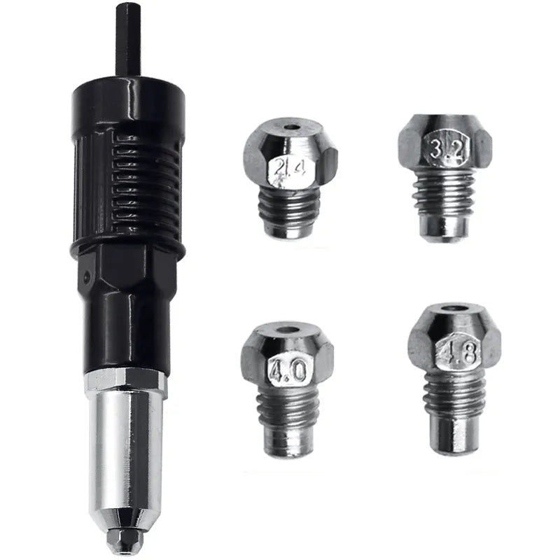 Black metal electric drill rivet gun adaptor with handle, wrench, and four rivet heads on a workbench.