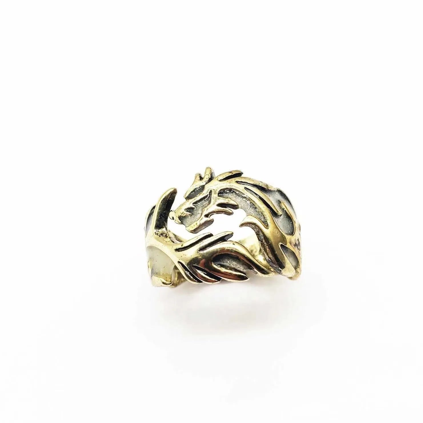 Adjustable metal ring with Chinese dragon pattern in antique silver blue and green electroplated finish