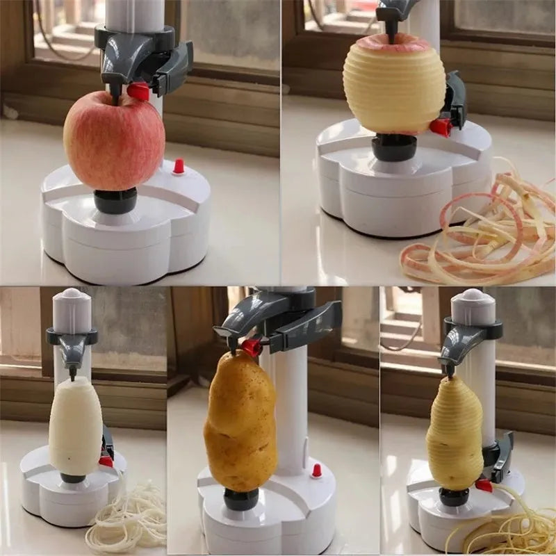 White electric fruit and vegetable peeler machine with stainless steel blades on a kitchen worktop.