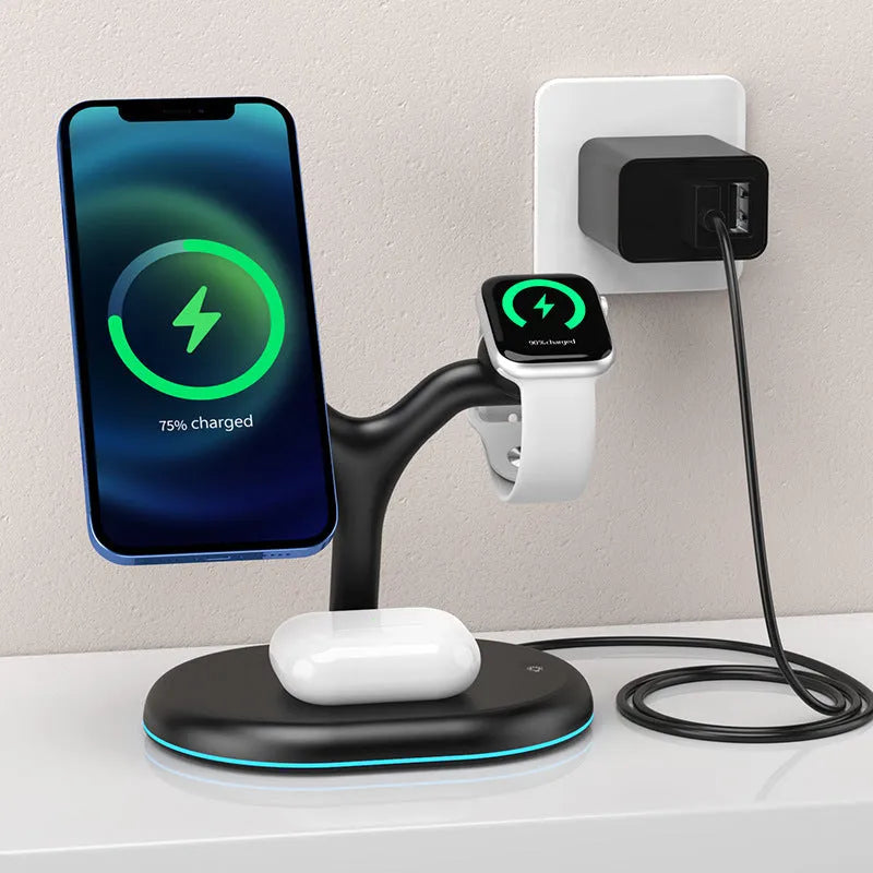 Black magnetic wireless charging station with vertical phone stand and USB-C cable