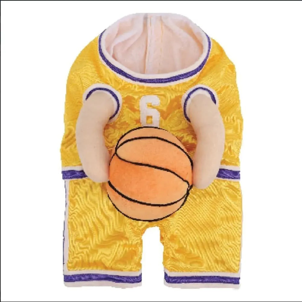 Red and yellow dog basketball costumes with attached ball element in small, medium and large sizes