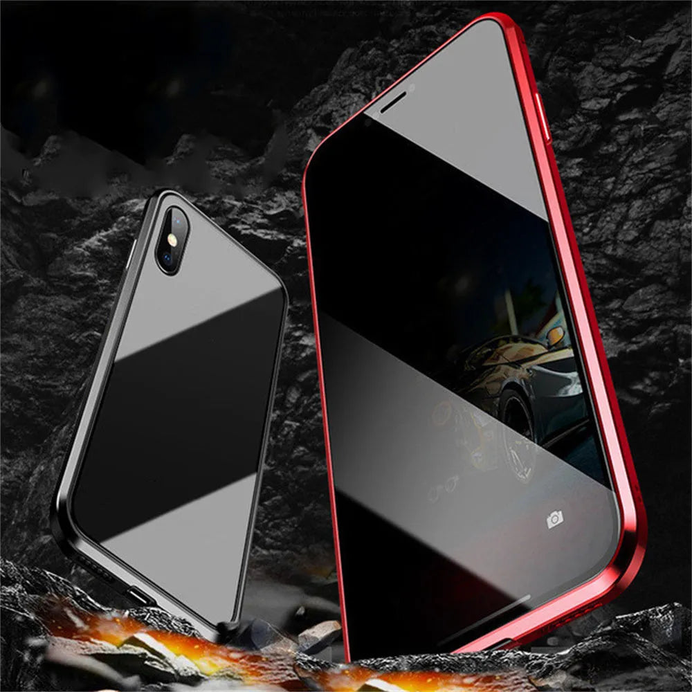 Magnetic privacy glass iPhone case with metal frame and 9H anti-peep front glass, 3-colour set