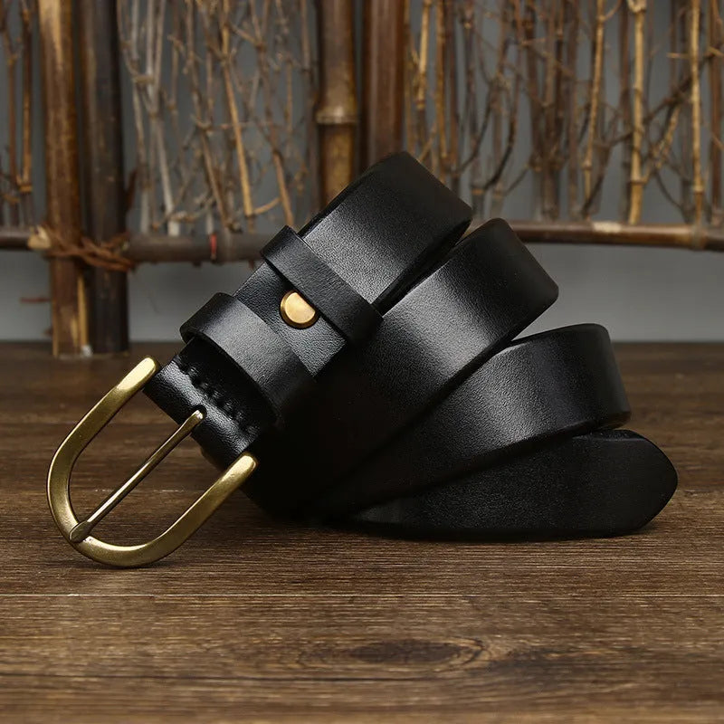 Men's genuine leather belt 3.3cm wide with copper buckle, retro casual style, khaki colour, pin-buckle fastening