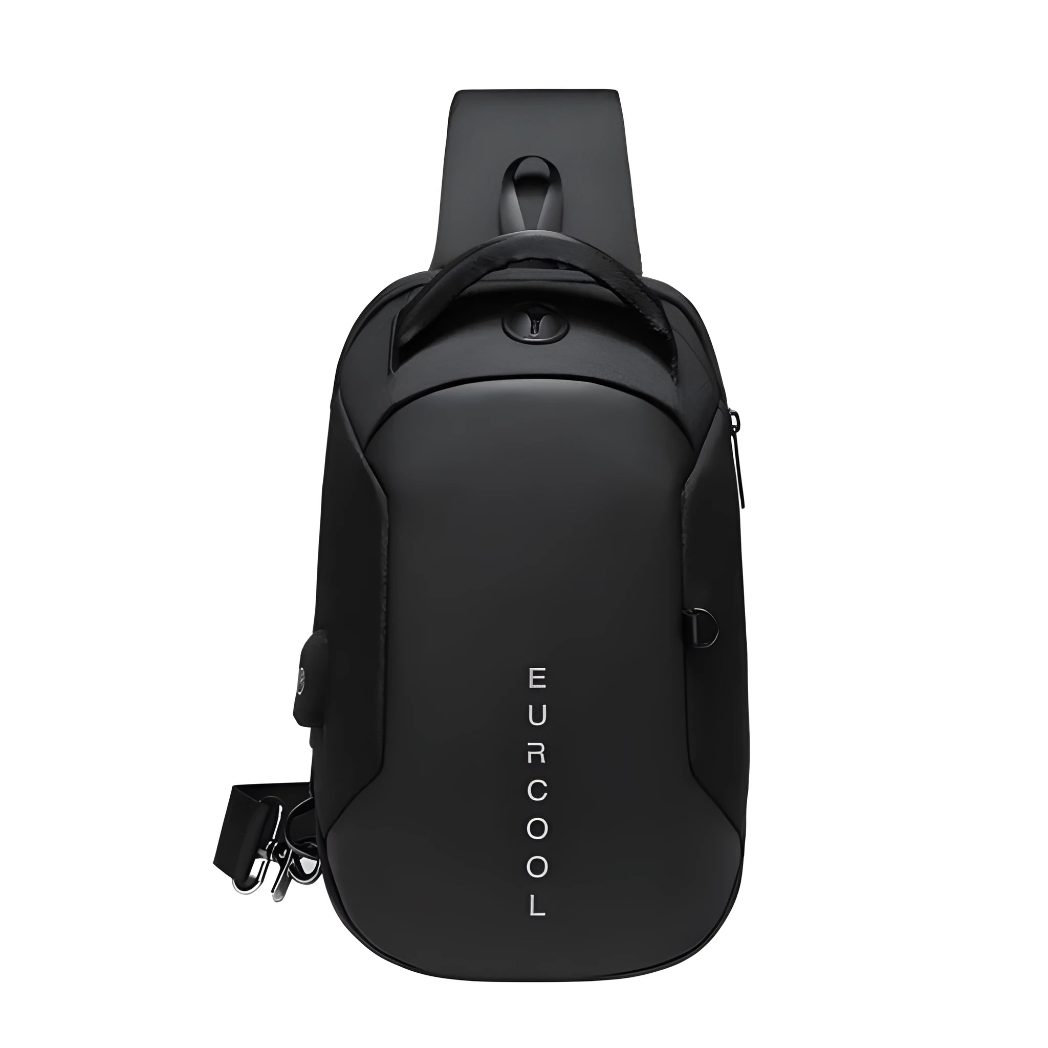 Men's black Oxford crossbody chest bag with USB charging port and multiple zippered compartments