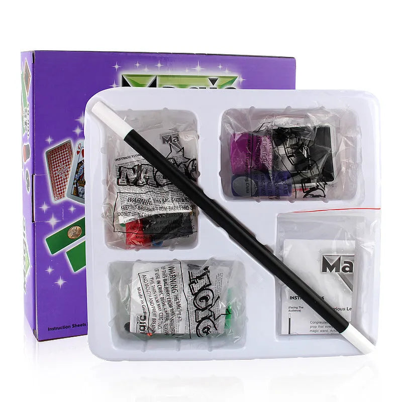 Purple and red plastic magic toy prop set for children aged 3-7 in carton packaging