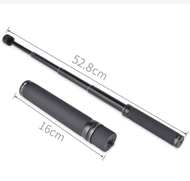 Black retractable aluminium selfie stick extended to 1.2m with a smartphone attached and a Bluetooth remote.