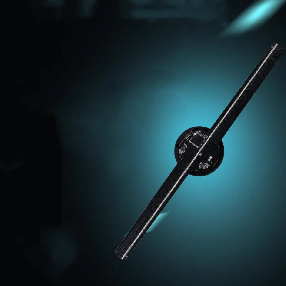 Black 42cm 3D holographic advertising fan screen display unit on a floor stand.
