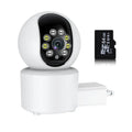White wireless indoor security camera with 360-degree rotation and full-colour night vision capabilities