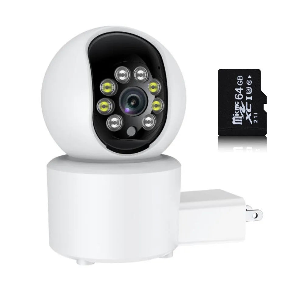 White wireless indoor security camera with 360-degree rotation and full-colour night vision capabilities