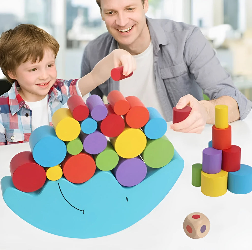 Blue and yellow wooden moon balance game toy for children aged 2-4 years