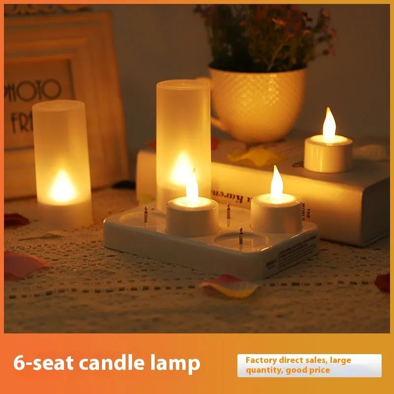 6-seat LED charging electric candle lamp set with white shell base, six yellow candle cores, cup covers, and charger