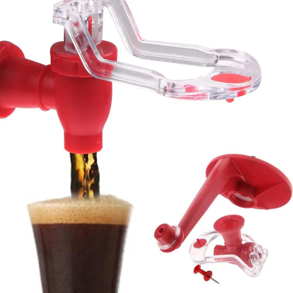 Red plastic Magic Tap soda dispenser attached to 2-litre bottle