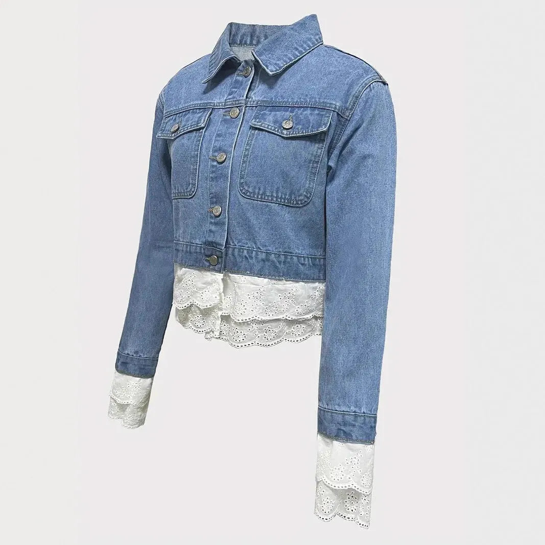 Blue women's denim jacket with lace stitching detailing, long sleeves, available in multiple sizes