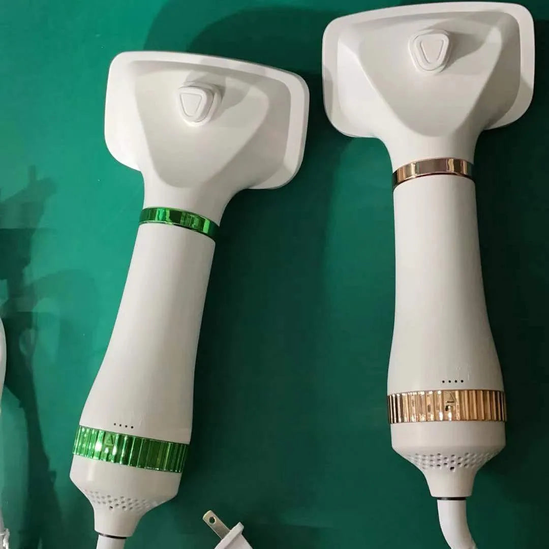 Second generation pet hair dryer with integrated hot air comb in platinum or white green.