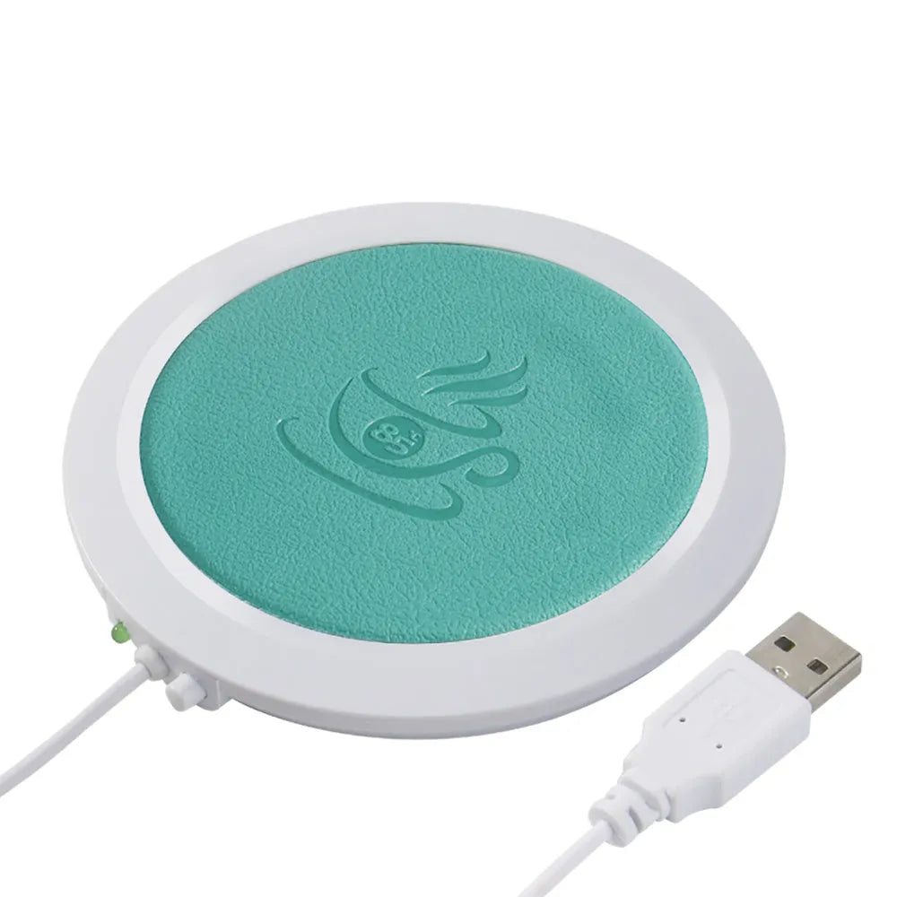 Insulated USB heating coaster with PU leather cover in black, blue, or orange colours