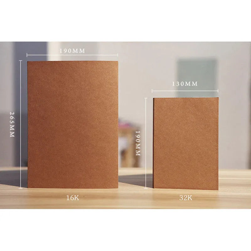 Brown and white covered kraft paper sketchbooks in 16K and 32K sizes showing binding and page detail.