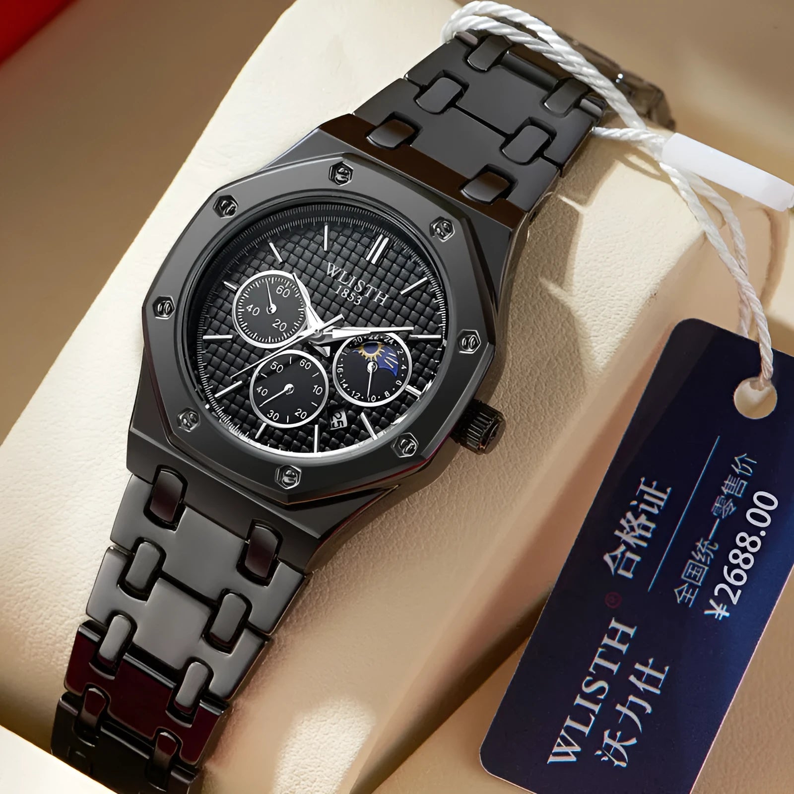 Women's watch with luminous steel strap calendar 29mm dial black face