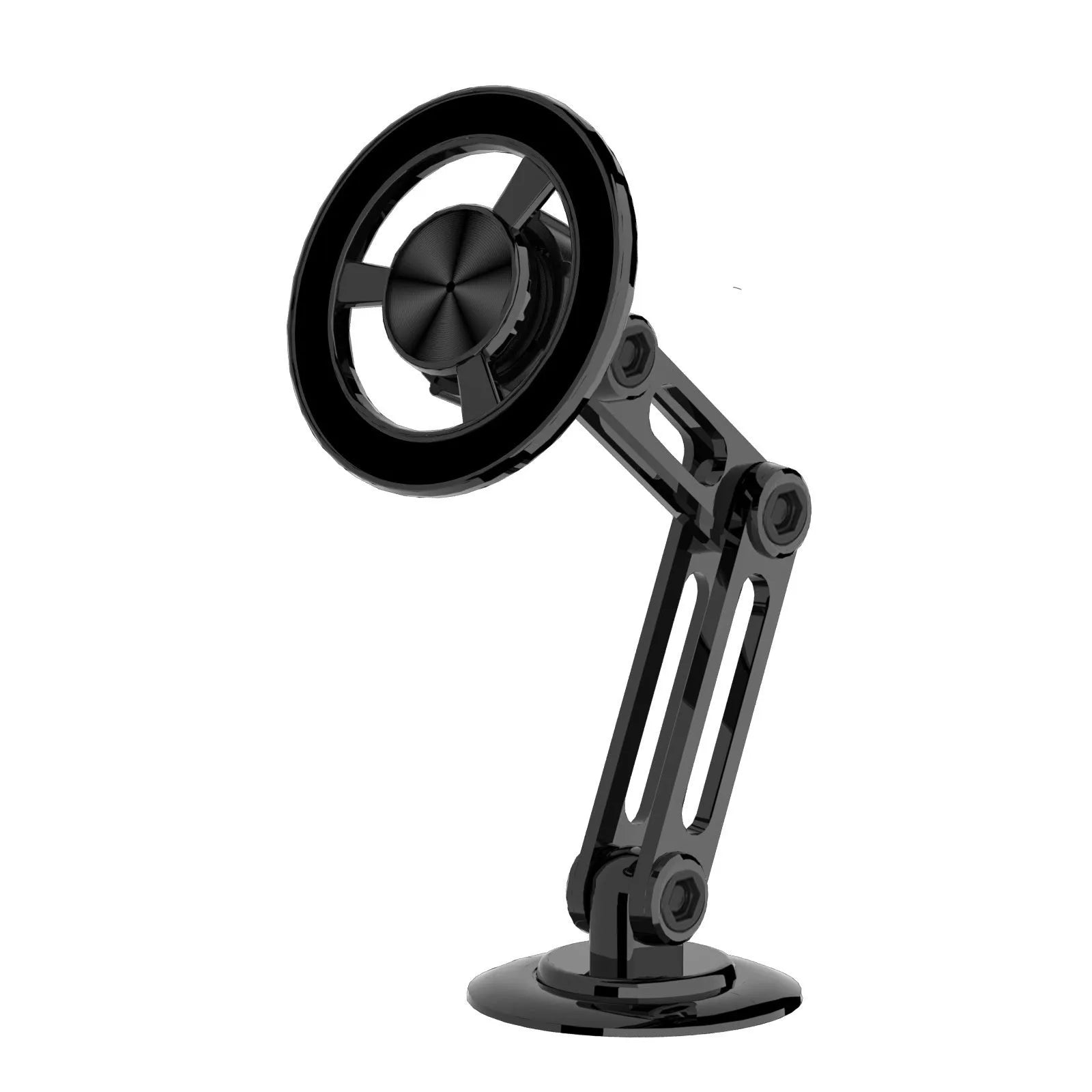 All-metal magnetic car phone holder in black, shown with magnetic rings and adhesive pads.