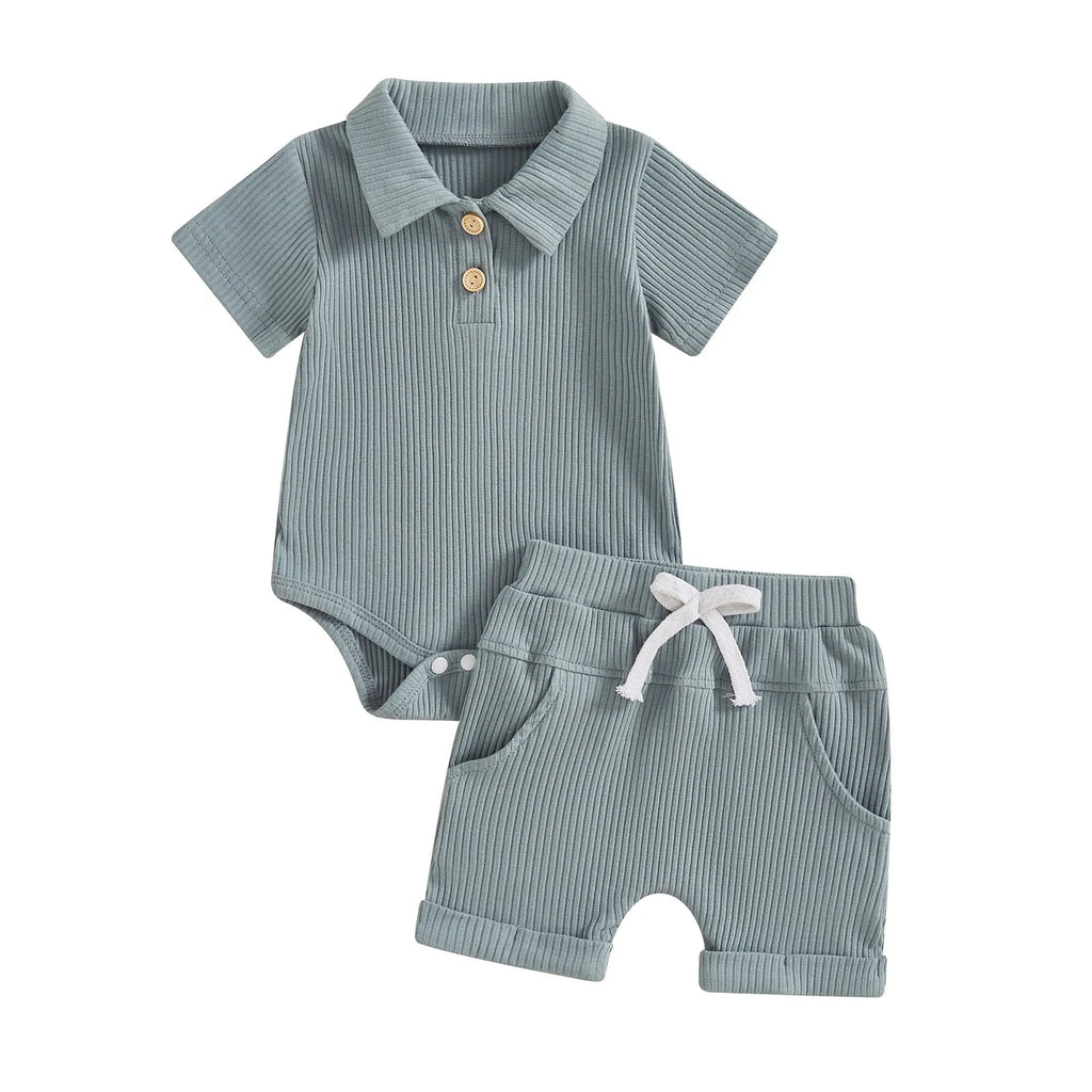 Boys' Kazakhstan suit two-piece set with letter-print short-sleeved shirt and shorts in army green or navy blue