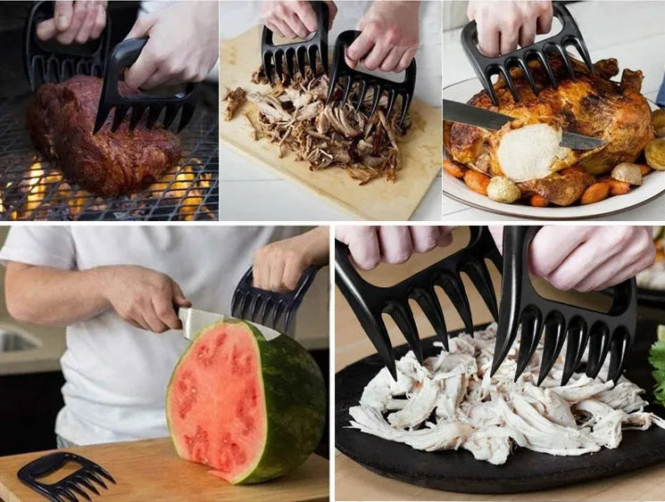Two black plastic bear claw meat shredder forks for BBQ and kitchen use.