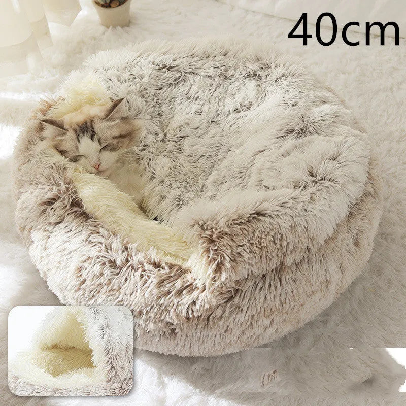 2 in 1 round plush pet bed with PP cotton filling for dogs and cats, available in brown, 65cm size