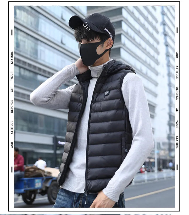 Heated cotton vest in black with USB electric heating panels for winter outdoor warmth