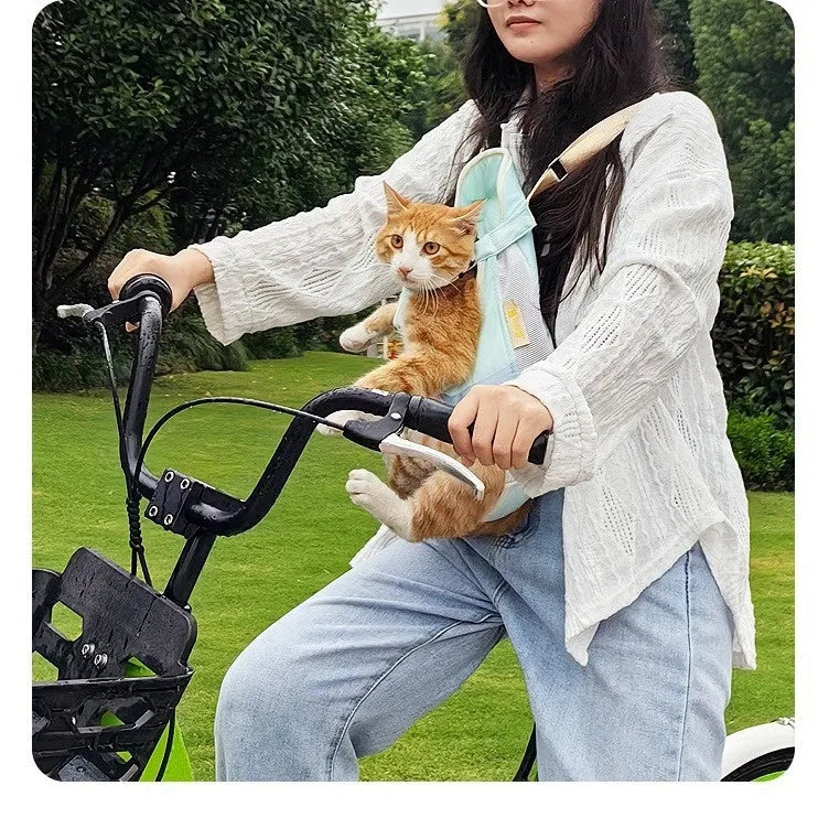 Soft non-woven canvas pet backpack for cats shown in purple, orange, and light grey colours.