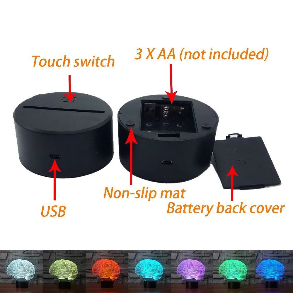 Brain-shaped 3D LED acrylic desk lamp with remote control showing colour-changing illumination