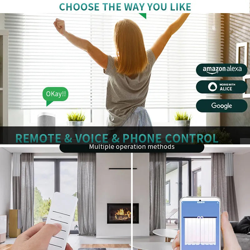 Duya smart curtain motor with aluminium track and remote control for voice-operated automated curtains.