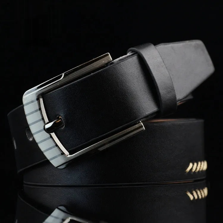 Men's threaded casual belt with alloy pin buckle in black, white, and brown colour options