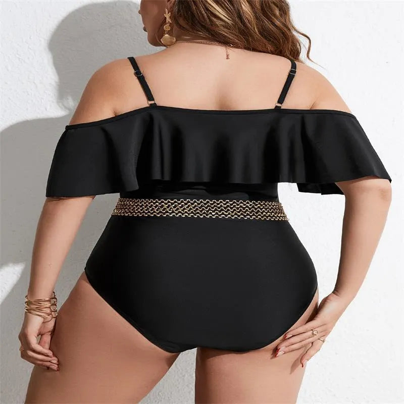 Black one-piece swimsuit for women in polyester fabric with extended sizing options